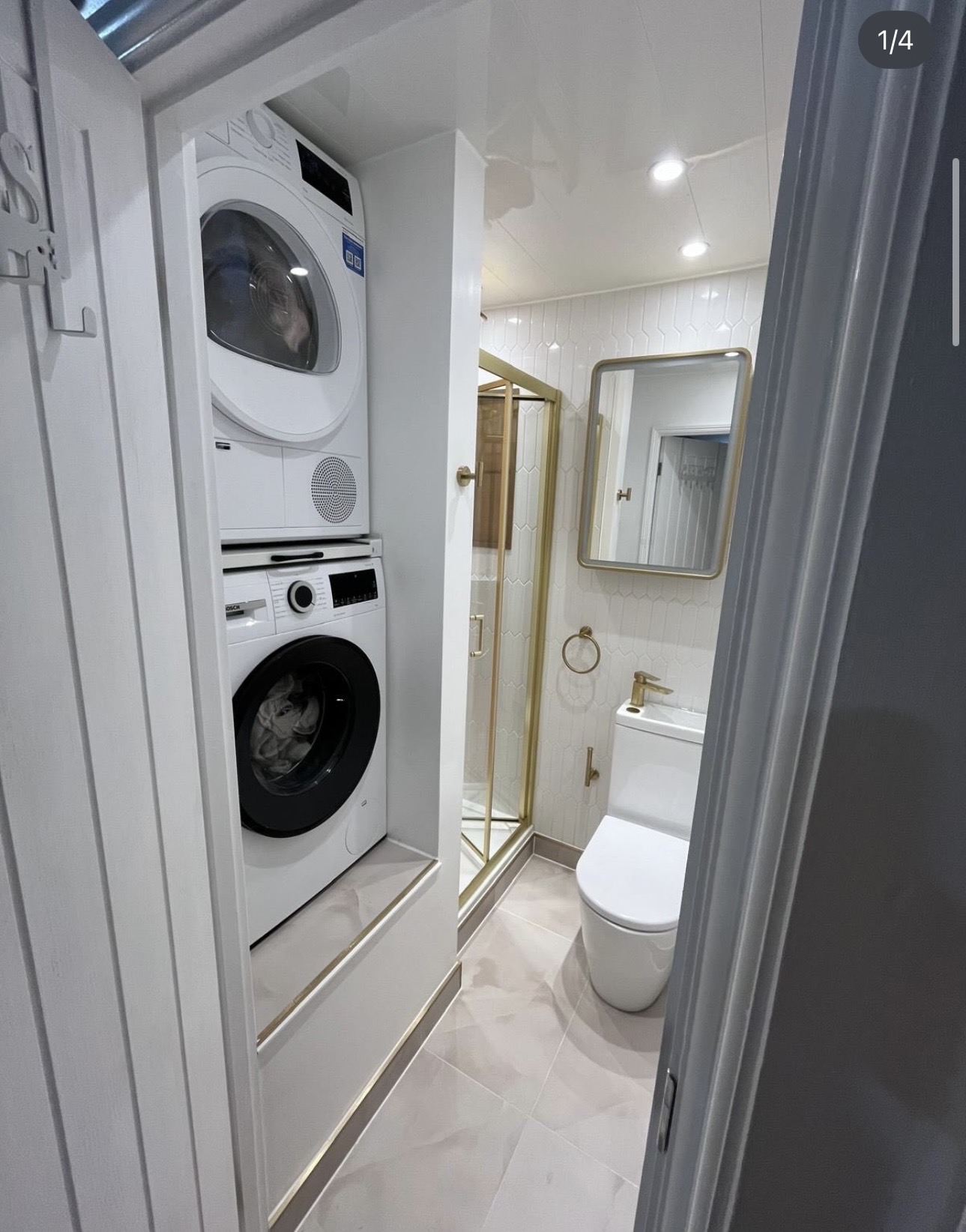 Compact ensuite with smart layout and gold detailing installed by M3 Trades