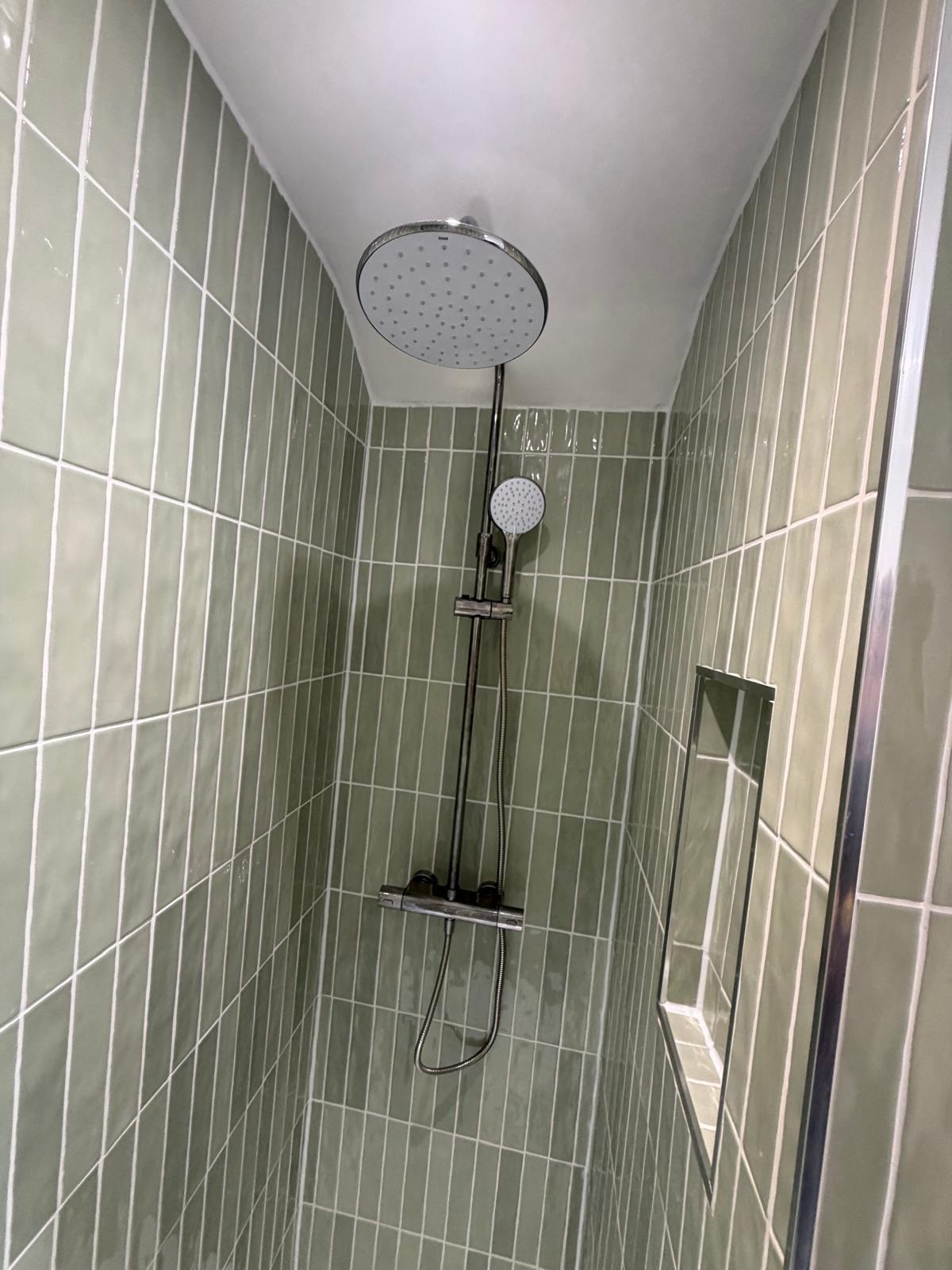 Green metro walk-in shower — Recent West Midlands install by M3 Trades